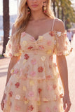 Champagne 3D Flower Cold Shoulder A Line Homecoming Dress