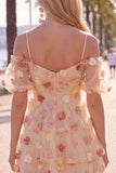Champagne 3D Flower Cold Shoulder A Line Homecoming Dress