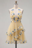 Halter Aprico A Line Homecoming Dress with 3D Flowers