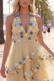 Halter Aprico A Line Homecoming Dress with 3D Flowers