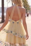 Halter Aprico A Line Homecoming Dress with 3D Flowers