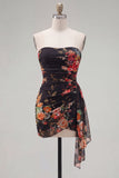 Strapless Black Floral Bodycon Short Homecoming Dress with Sash