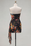 Strapless Black Floral Bodycon Short Homecoming Dress with Sash