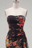 Strapless Black Floral Bodycon Short Homecoming Dress with Sash
