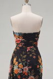 Strapless Black Floral Bodycon Short Homecoming Dress with Sash