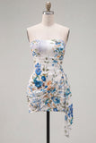 Strapless Black Floral Bodycon Short Homecoming Dress with Sash
