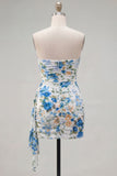 Strapless Black Floral Bodycon Short Homecoming Dress with Sash