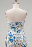 Strapless Black Floral Bodycon Short Homecoming Dress with Sash