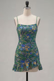 Dark Green Jacquard Ruffled Short Homecoming Dress