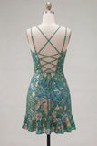 Dark Green Jacquard Ruffled Short Homecoming Dress