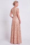 Champagne A Line V-Neck Sequin Mother of the Bride Dress