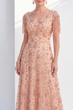 Champagne A Line V-Neck Sequin Mother of the Bride Dress