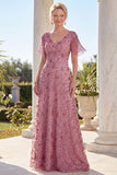 Champagne A Line V-Neck Sequin Mother of the Bride Dress