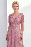 Champagne A Line V-Neck Sequin Mother of the Bride Dress