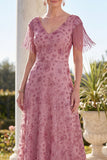 Champagne A Line V-Neck Sequin Mother of the Bride Dress