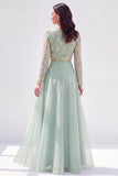 Navy Sequin Beaded A Line Mother of the Bride Dress with Long Sleeves