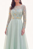 Navy Sequin Beaded A Line Mother of the Bride Dress with Long Sleeves