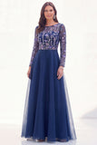Navy Sequin Beaded A Line Mother of the Bride Dress with Long Sleeves