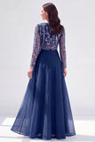 Navy Sequin Beaded A Line Mother of the Bride Dress with Long Sleeves
