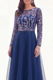 Navy Sequin Beaded A Line Mother of the Bride Dress with Long Sleeves