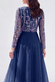 Navy Sequin Beaded A Line Mother of the Bride Dress with Long Sleeves