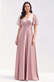 Grey Pink Satin A Line V Neck Maxi Dress with Floral Sleeves
