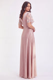 Grey Pink Satin A Line V Neck Maxi Dress with Floral Sleeves