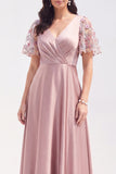 Grey Pink Satin A Line V Neck Maxi Dress with Floral Sleeves