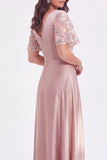 Grey Pink Satin A Line V Neck Maxi Dress with Floral Sleeves