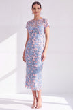 Blue Sheath 3D Flower Midi Mother of the Bride Dress with Slit