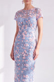 Blue Sheath 3D Flower Midi Mother of the Bride Dress with Slit