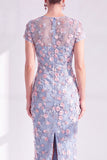 Blue Sheath 3D Flower Midi Mother of the Bride Dress with Slit