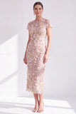 Blue Sheath 3D Flower Midi Mother of the Bride Dress with Slit