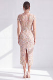 Blue Sheath 3D Flower Midi Mother of the Bride Dress with Slit
