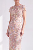 Blue Sheath 3D Flower Midi Mother of the Bride Dress with Slit