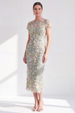 Blue Sheath 3D Flower Midi Mother of the Bride Dress with Slit