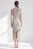 Blue Sheath 3D Flower Midi Mother of the Bride Dress with Slit