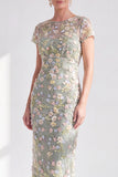 Blue Sheath 3D Flower Midi Mother of the Bride Dress with Slit