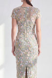 Blue Sheath 3D Flower Midi Mother of the Bride Dress with Slit
