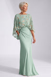 Green Beaded Sequin Batwing Sleeve Mermaid Mother of the Bride Dress with Pockets
