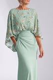 Green Beaded Sequin Batwing Sleeve Mermaid Mother of the Bride Dress with Pockets