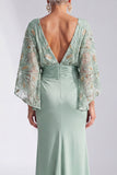 Green Beaded Sequin Batwing Sleeve Mermaid Mother of the Bride Dress with Pockets