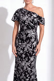 Orange Floral Velvet Burnout One Shoulder Mermaid Mother of the Bride Dress