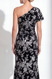 Orange Floral Velvet Burnout One Shoulder Mermaid Mother of the Bride Dress
