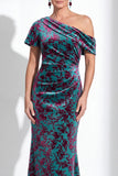 Orange Floral Velvet Burnout One Shoulder Mermaid Mother of the Bride Dress
