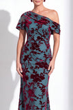 Orange Floral Velvet Burnout One Shoulder Mermaid Mother of the Bride Dress