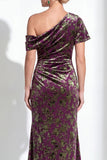 Orange Floral Velvet Burnout One Shoulder Mermaid Mother of the Bride Dress