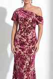 Orange Floral Velvet Burnout One Shoulder Mermaid Mother of the Bride Dress