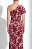Orange Floral Velvet Burnout One Shoulder Mermaid Mother of the Bride Dress