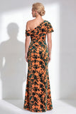 Orange Floral Velvet Burnout One Shoulder Mermaid Mother of the Bride Dress